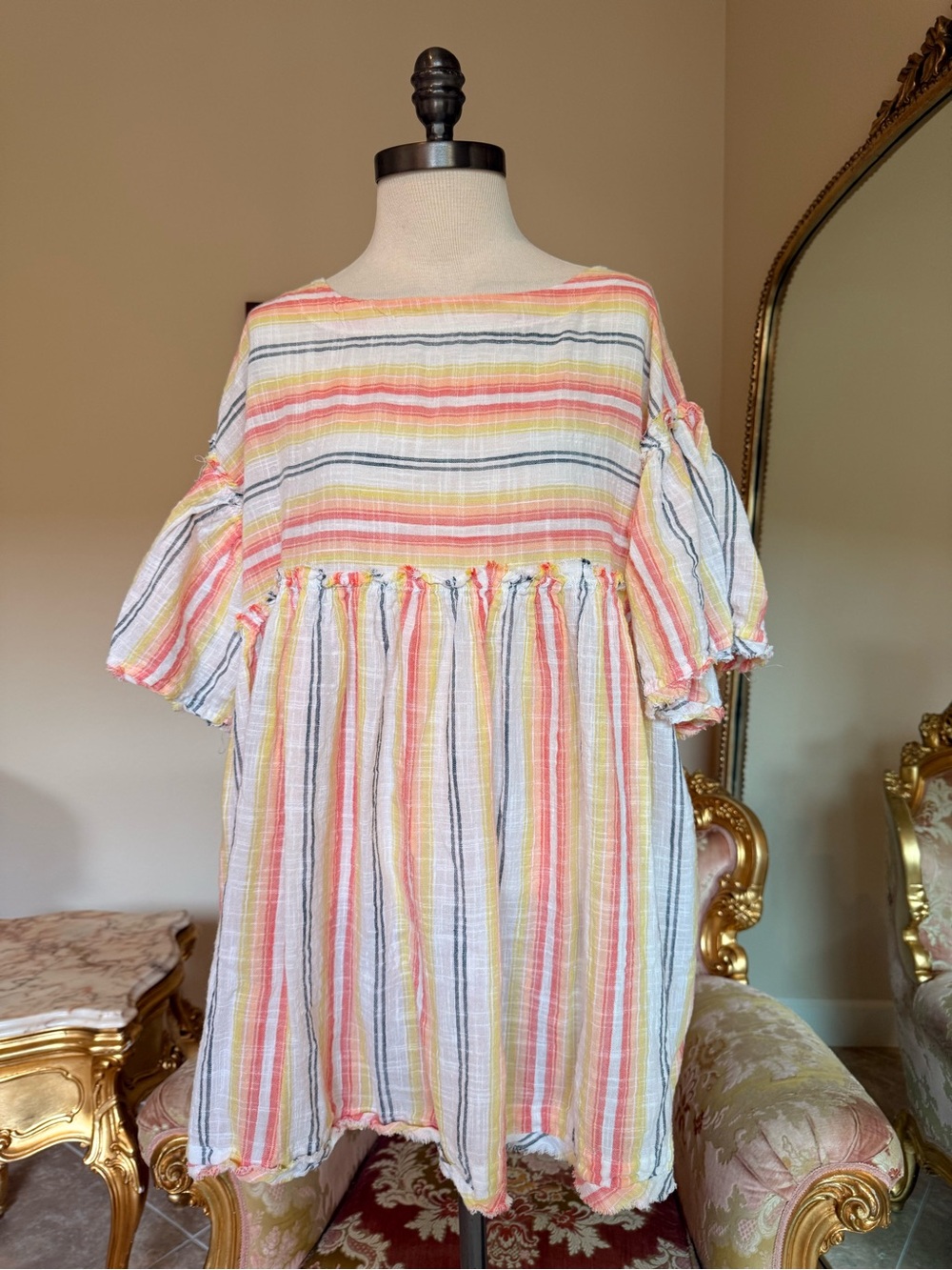Free People Multicolor Striped Smock Dress - White, Yellow & Pink